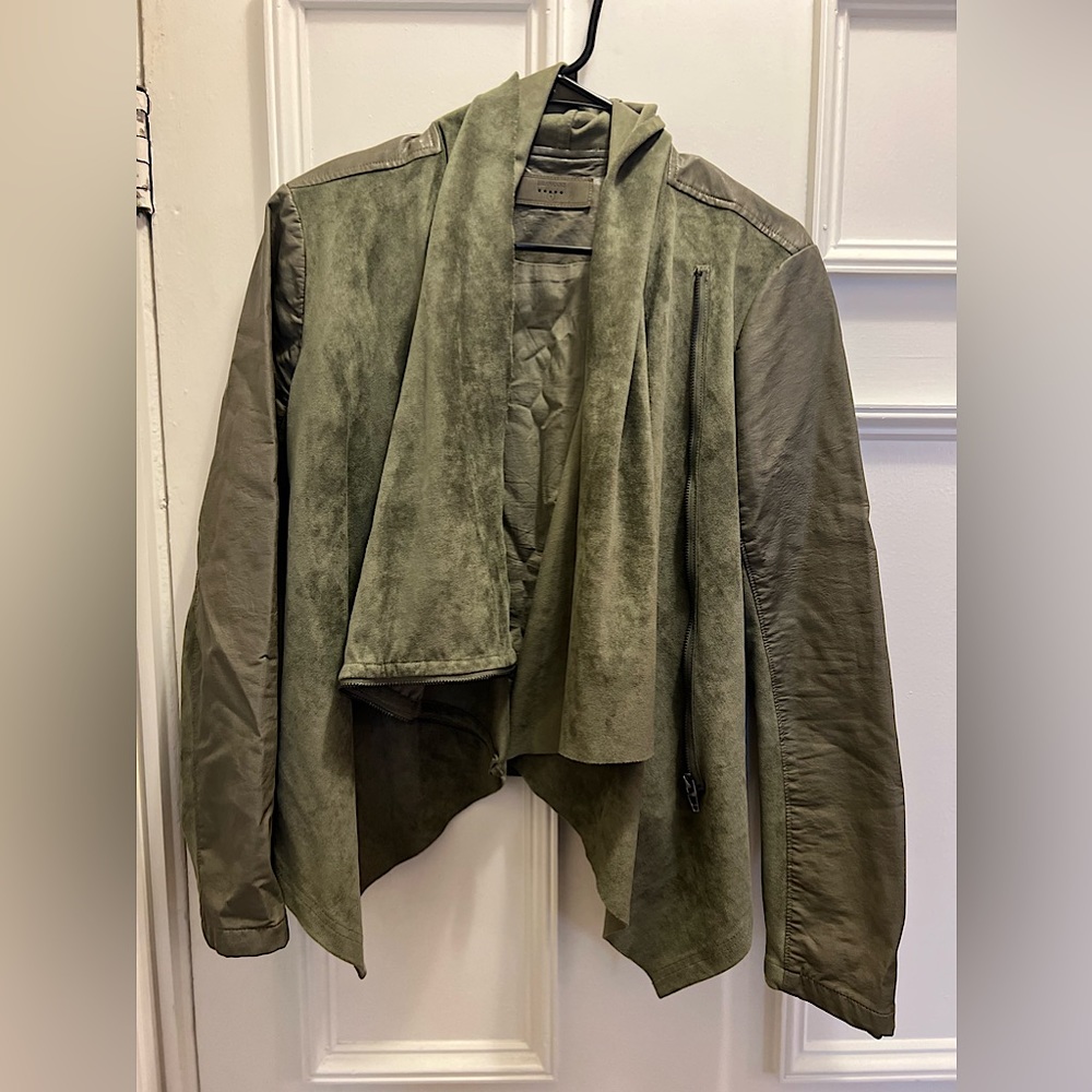 BlankNYC Faux Leather Suede Vegan Drape Moto Jacket - Olive Green - Size Small